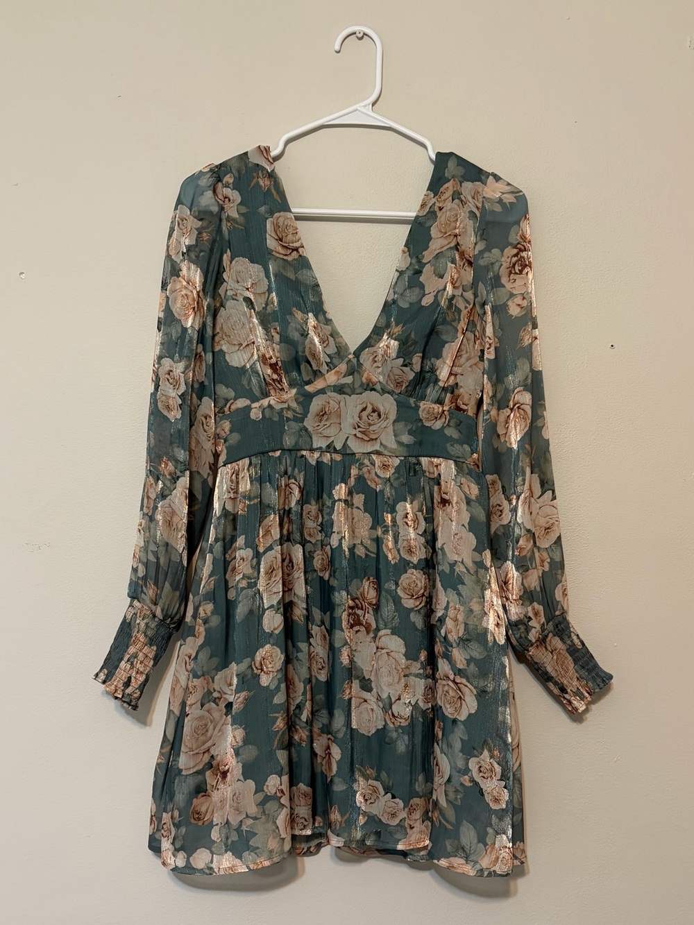 Altar’d State Teal Floral Mini Dress Long Sleeve Boho Size M